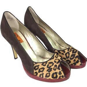 Chi Faichi Chita Calf Hair Mob Wife Leather Suede Peep Toe Mob Wife Heel 9M